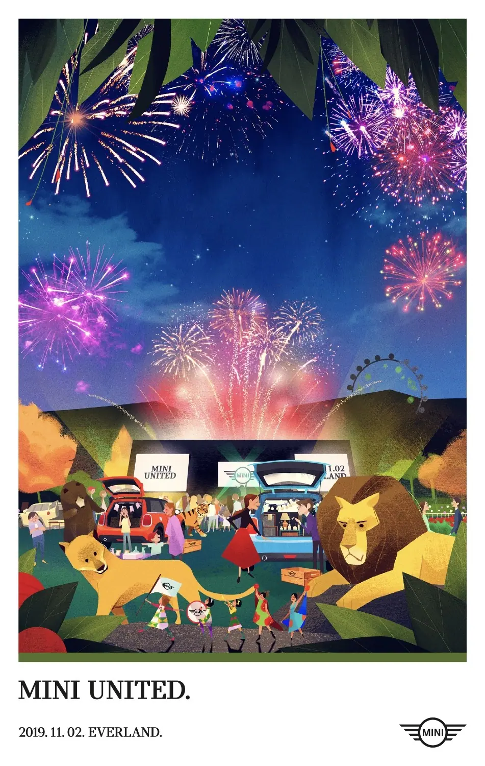 花火とMINIと動物たちを描いた2019年韓国のMINI Unitedキービジュアル